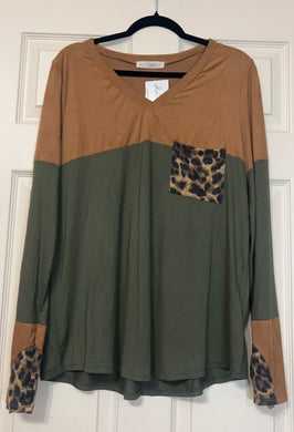 Sprinkle of Leopard Camel/Olive Color Block Long Sleeve Top