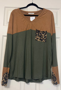 Sprinkle of Leopard Camel/Olive Color Block Long Sleeve Top