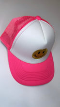 Load image into Gallery viewer, Gold Glitter Smile Face Hot Pink Trucker Hat
