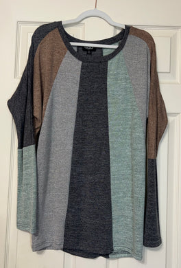 Charcoal/Brown/Mint Mix Color Block Long Sleeve Top