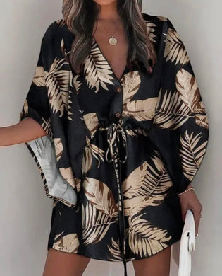 Paradise Neutral Palm Print Midi Dress