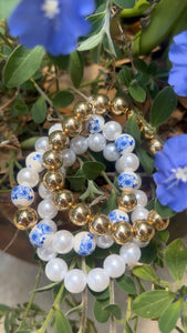 Mamma Mia Blue Floral White & Gold Stretch Beaded Bracelet Set