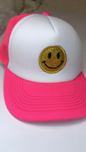Load image into Gallery viewer, Gold Glitter Smile Face Hot Pink Trucker Hat