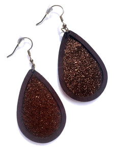 Dark Brown Glitter Dark Wood Teardrop Earrings